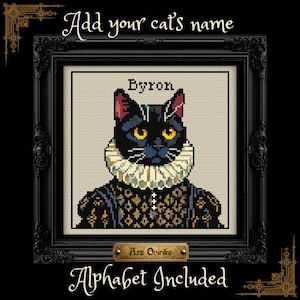 Patrón de punto de cruz de gato negro victoriano (PDF) - Alfabeto incluido - Gráfico de una página