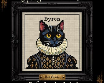 Patrón de punto de cruz de gato negro victoriano (PDF) - Alfabeto incluido - Gráfico de una página