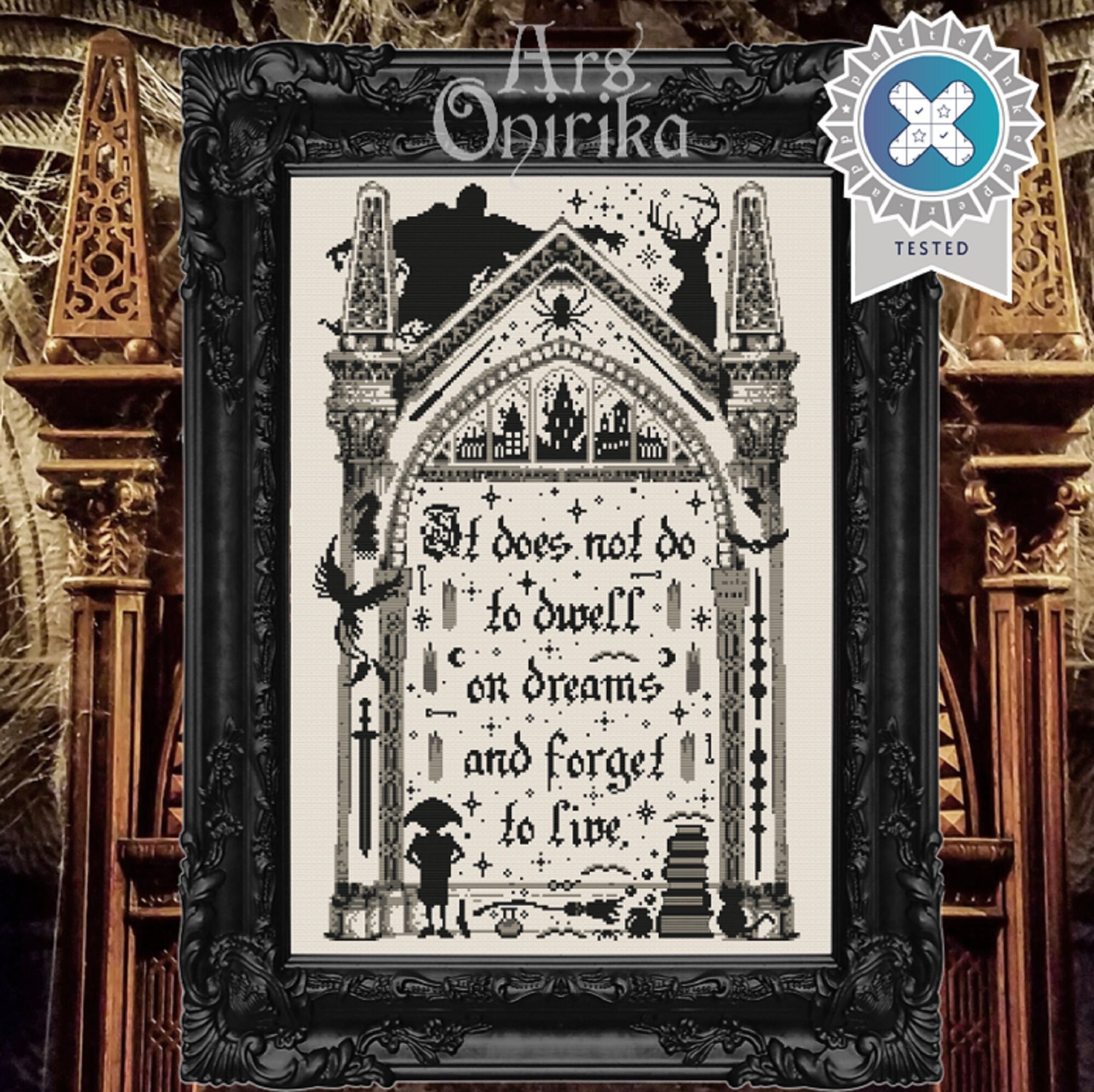 Magic Mirror Cross Stitch Pattern – Dark Academia Blackwork – Wizard Embroidery Sampler – Instant Download PDF – Pattern Keeper Compatible