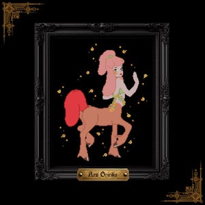 Puede incluir: Un patrón de punto de cruz que muestra un centauro con cabello rosa, cuerpo bronceado y cola roja, adornado con detalles florales verdes y amarillos. El diseño está rodeado de pequeñas estrellas amarillas en un marco negro con la placa Ars Onirika.