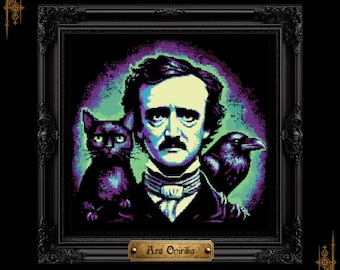 Puede incluir: Un retrato en punto de cruz enmarcado de un hombre con cabello oscuro y bigote, flanqueado por un gato negro y un cuervo. La obra presenta tonos morados y verdes sobre un fondo oscuro, con una placa que dice Ars Onirika.