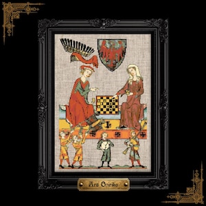 May include: A framed cross-stitch embroidery depicting two figures playing chess, with musicians below and a heraldic shield above. The artwork features a beige fabric background, a black ornate frame, and a gold plaque with the text Ars Onirika.