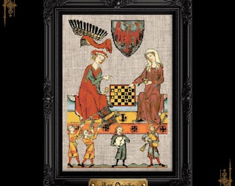 May include: A framed cross-stitch embroidery depicting two figures playing chess, with musicians below and a heraldic shield above. The artwork features a beige fabric background, a black ornate frame, and a gold plaque with the text Ars Onirika.