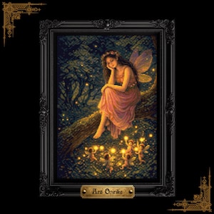 May include: A framed artwork shows a fairy in a pink dress with butterfly wings, sitting on a tree branch. Small, glowing figures surround the fairy. The artwork is set in a dark forest with twinkling lights, and the frame is black.