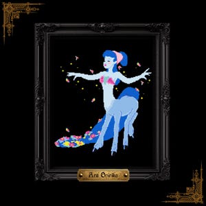 Puede incluir: Una ilustración en pixel art de una figura de centauro azul claro con cabello azul oscuro y una diadema rosa, vistiendo un top floral rosa. La figura está rodeada de pequeñas estrellas amarillas y flores rosas, con una cola floral. El texto Ars Onirika está debajo.