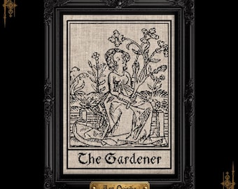 Medieval Gardener Cross Stitch Pattern Historical Woman Botanical Blackwork Cottagecore Garden Art PDF Digital Download Printable Chart