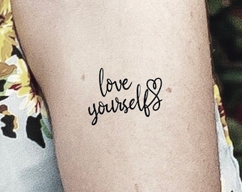 Love Yourself Heart Handwritten Calligraphy Temporary Tattoo