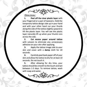 May include: Black and white instructions for applying a temporary tattoo. The instructions include steps for peeling off the plastic layer, cutting excess paper, applying the tattoo, and removing the tattoo.