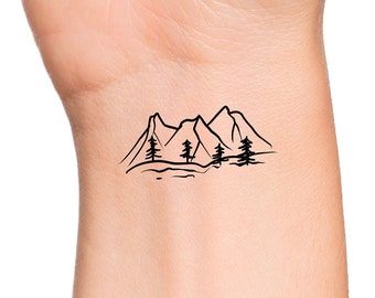 May include: A simple black line drawing of a mountain range with three peaks and four trees. The image is on a light skin tone background.