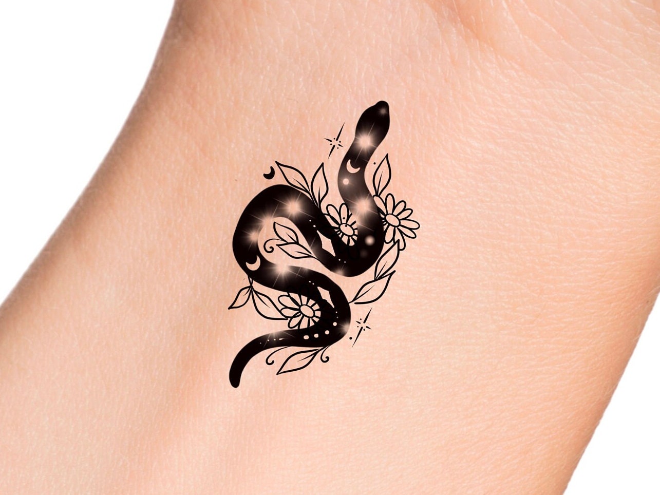 Large Black Skull Ax Temporary Tattoo Realistic Moon Snake Sleeve