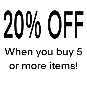 May include: Black and white text graphic that reads "20% OFF When you buy 5 or more items!"