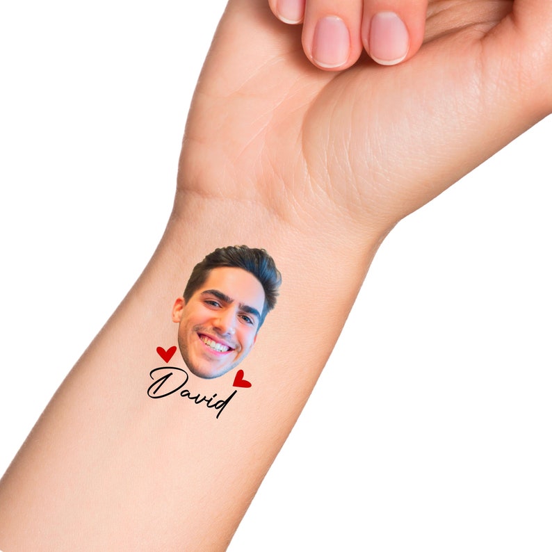 Custom Bachelorette Face Temporary Tattoo with Custom Name and Red Hearts under the Grooms Face.
