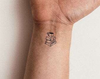 Stack of Books Tea Cup Temporary Tattoo