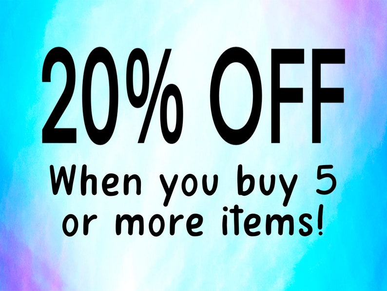 May include: A blue and purple gradient background with white text that reads "20% OFF When you buy 5 or more items!"