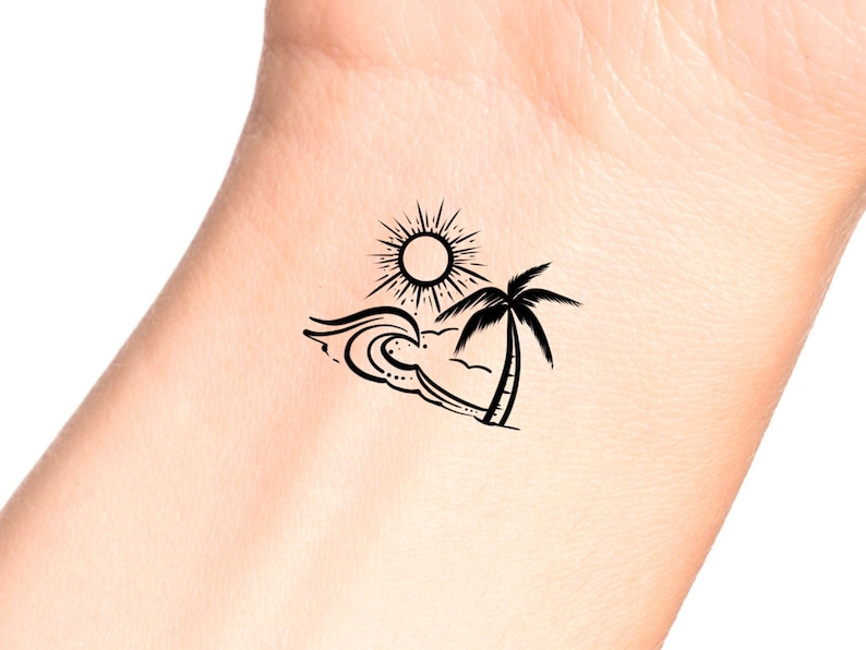 May include: A black and white tattoo design of a palm tree, sun, and wave. The design is simple and minimalist.
