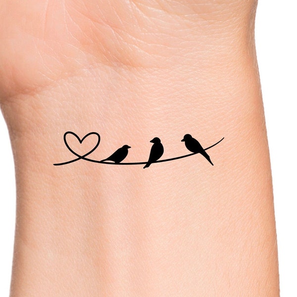 3 Black Heart Birds Temporary Tattoo - Choose Your Number of Birds Tattoo