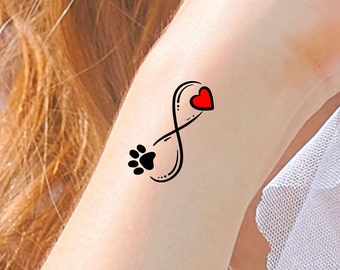 Paw Print Heart Infinity Temporary Tattoo / Red Heart Dog Print