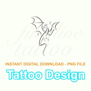 May include: A black line art tattoo design of a dragon with outstretched wings and star accents. The words "Instant Digital Download - PNG File" and "Tattoo Design" are also displayed.