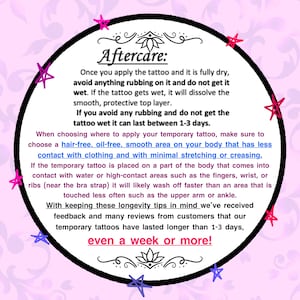 Puede incluir: Gr&aacute;fico circular con texto que proporciona instrucciones de cuidado posterior para tatuajes temporales. El texto aconseja evitar frotar, el agua y elegir una zona lisa y sin vello. Tambi&eacute;n menciona consejos de longevidad.