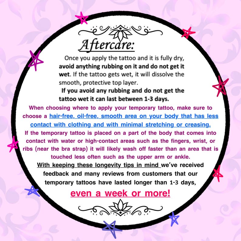 Puede incluir: Gr&aacute;fico circular con texto que proporciona instrucciones de cuidado posterior para tatuajes temporales. El texto aconseja evitar frotar, el agua y elegir una zona lisa y sin vello. Tambi&eacute;n menciona consejos de longevidad.