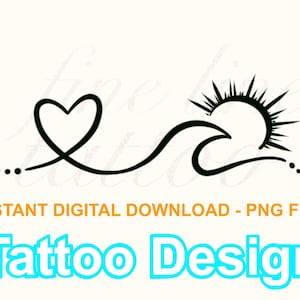 Heart Wave Sun Tattoo Design Digital Download PNG