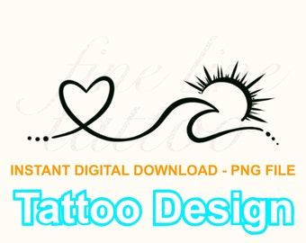 Heart Wave Sun Tattoo Design Digital Download PNG