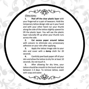 May include: Black and white instructions for applying a temporary tattoo. The instructions include steps for peeling off the plastic layer, cutting excess paper, applying the tattoo, and removing the tattoo.
