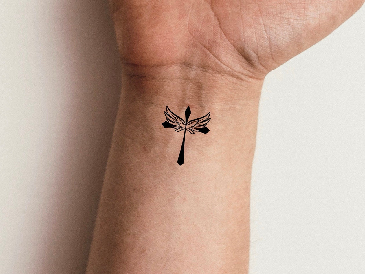 Cross Angel Wings Temporary Tattoo / Religious Tattoo