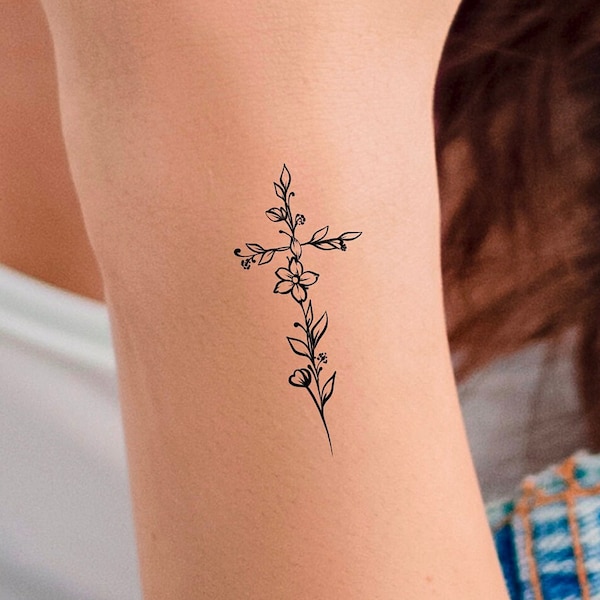 Flower Cross Temporary Tattoo / religious tattoo