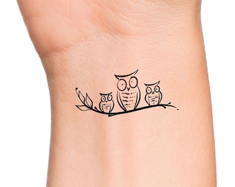 3 Owls on Tree Branch Temporary Tattoo