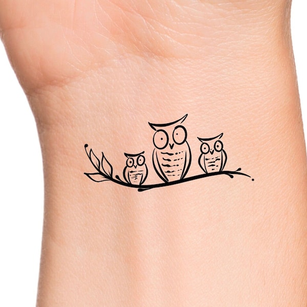 3 Owls on Tree Branch Temporary Tattoo