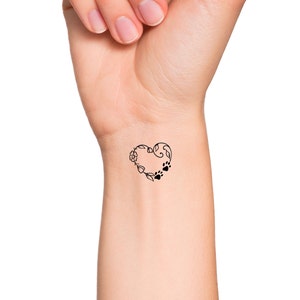 Paw Print Heart Flowers Temporary Tattoo