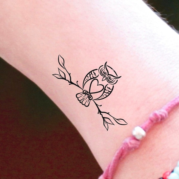 Owl Heart Branch Temporary Tattoo