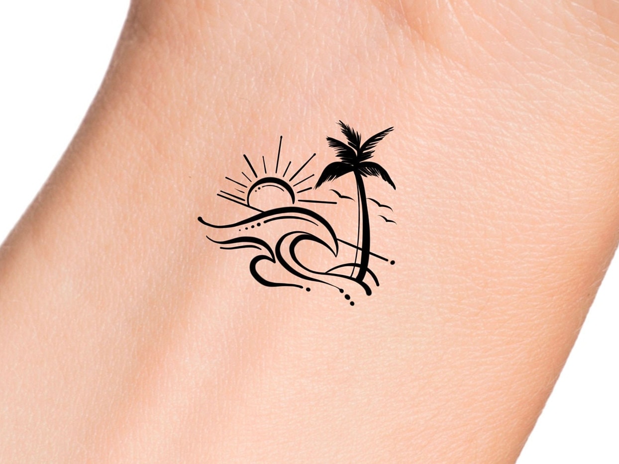 Minimalist wave palm tree anchor and shell tattoo on