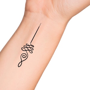 May include: A black line tattoo on a person's wrist. The tattoo is a simple design with a spiral at the bottom and a line extending upwards.