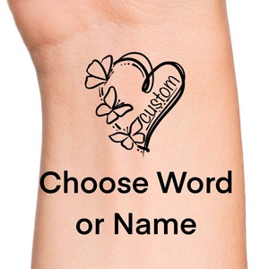 Custom Heart Butterflies Temporary Tattoo / custom word tattoo