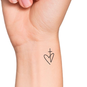 Cross Heart Temporary Tattoo - Religious Tattoo - Add Custom Words Text Temporary Tattoo
