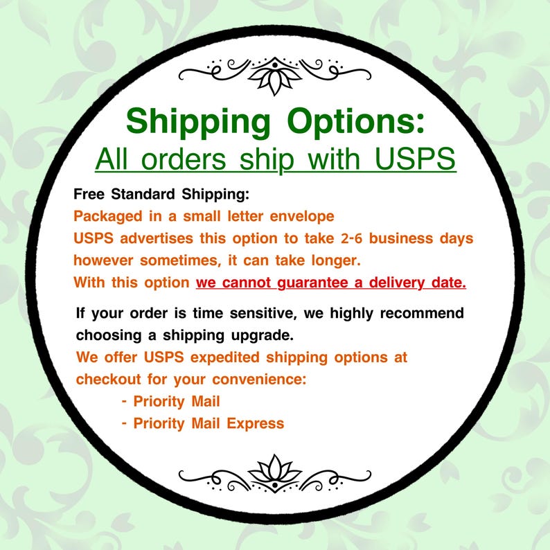 Puede incluir: Gr&aacute;fico circular con el texto "Opciones de env&iacute;o" en verde. El texto indica que todos los pedidos se env&iacute;an con USPS. Detalla el env&iacute;o est&aacute;ndar gratuito y opciones aceleradas como Priority Mail y Priority Mail Express.