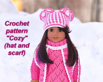 Doll clothes Crochet Pattern for 18-inch dolls American Girl, Gotz. In english. Instant Download. Doll hat and scarf