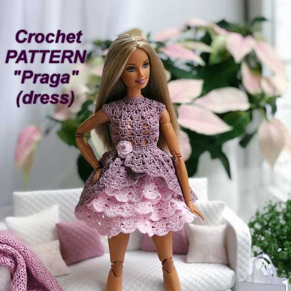 Crochet pattern "Praga" for barbie dolls. In english. Instant Download. Lacy crochet dress