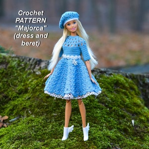 Crochet pattern "Majorca" of barbie clothes in english. Instant Download. Fashion doll ( 11 1/2'' ) dress and beret