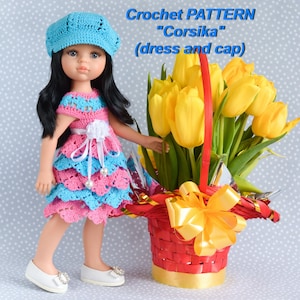 Doll crochet pattern &quot;Corsika&quot; for 13-inches dolls ( Paola Reina, Dianna Effner ). Instant Download. Doll dress and cap.