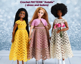 Crochet pattern &quot;Antalia&quot; of barbie clothes in english. Instant Download. Fashion doll ( 11 1/2&#39;&#39; ) dress and bolero