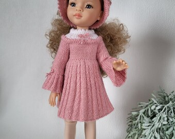 Knitted retro outfit for Paola Reina ( 13'' dolls, 32-34cm ). Pink doll dress