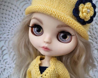 Yellow and dark blue outfit for the blythe doll. Knitted hat and jacket, crochet blythe dress