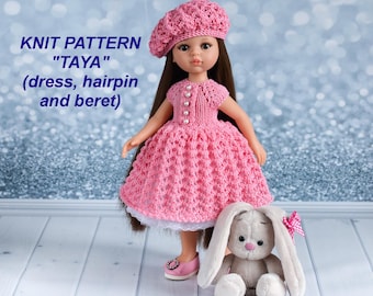 Knit pattern &quot;Taya&quot; for Paola Reina dolls. Knitted dress, hairpin and beret for 13-inch dolls.