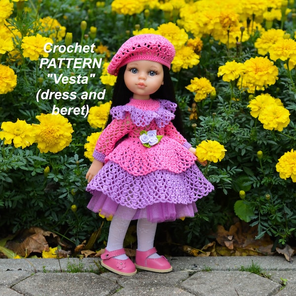 Crochet Pattern "Vesta" of clothes for 13-inches dolls Paola Reina "Vesta", Dianna Effner dolls, Instant Download. Dolls dress and beret