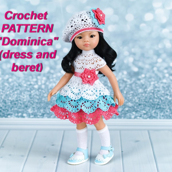 Crochet pattern "Dominica" to fit 13" doll ( Paola Reina ). PDF instant download. In english. Very easy pattern. Crochet dolls outfit