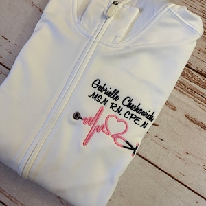 Monogrammed Nurse Full Zippered Jacket Sweatshirt | Personalized Nurse Polyester Jacket|Personalized Mens or Ladies Nurse/Doctor Heart Steth