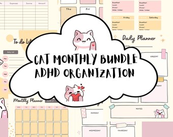 UNDATED Cute Cat Themed Monthly ADHD Planner | Digital & Printable Planner | Instant Download | iPad Planner | GoodNotes and Notability